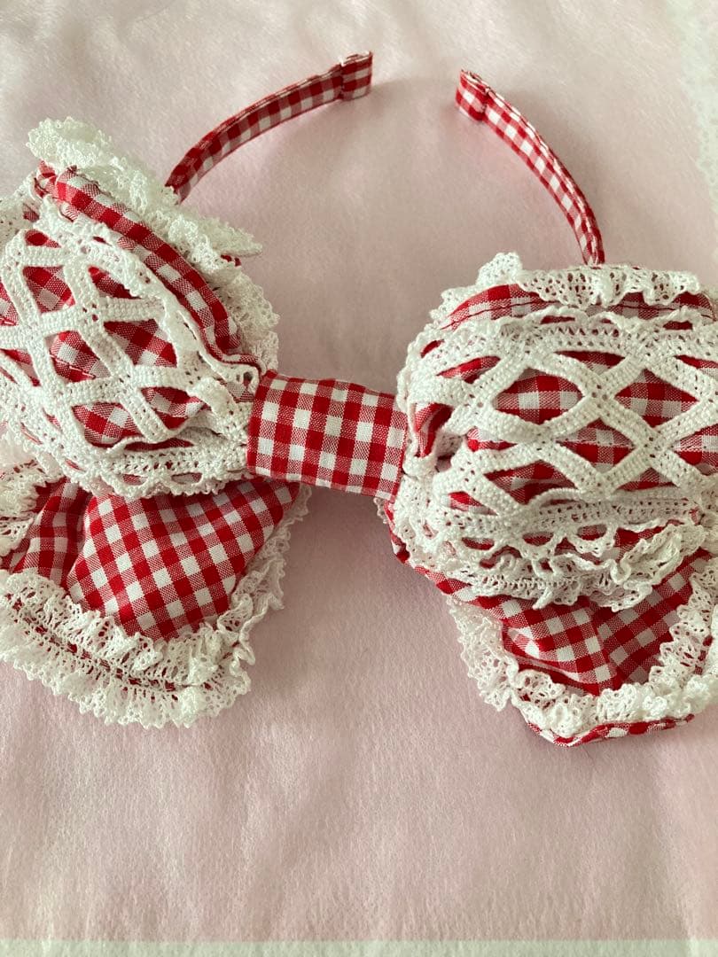 ベイビーザスターズ　 ギンガムチェックリボンレースカチュ 赤　初期BABY