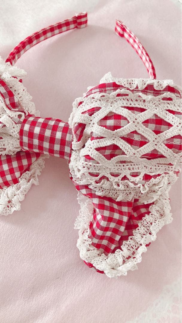 ベイビーザスターズ　 ギンガムチェックリボンレースカチュ 赤　初期BABY
