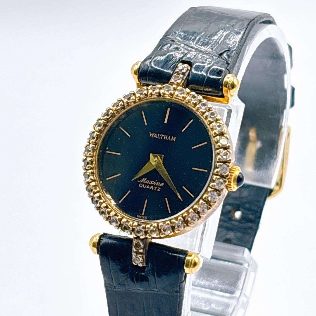 稼働品 WALTHAM ゴールド ブラック クォーツ レディース腕時計