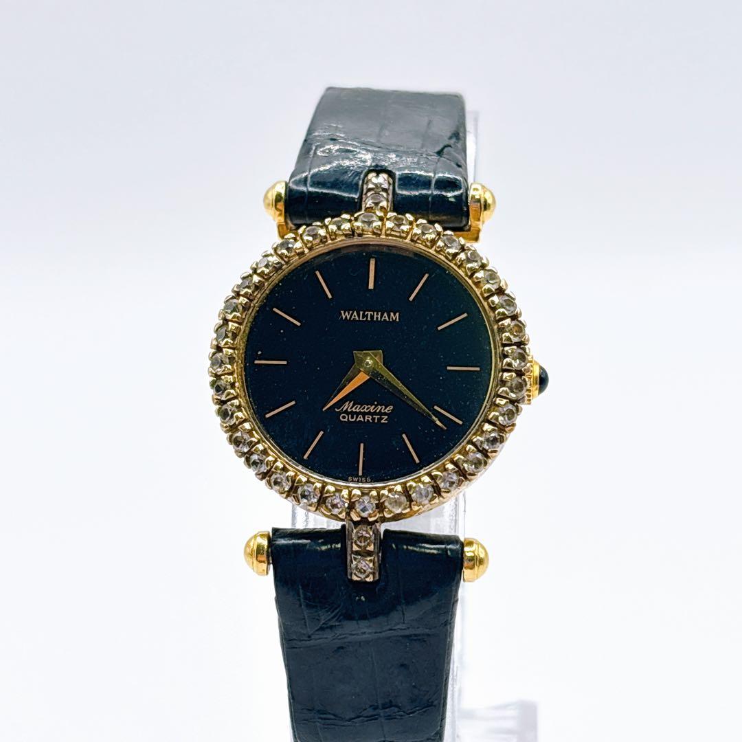 稼働品 WALTHAM ゴールド ブラック クォーツ レディース腕時計
