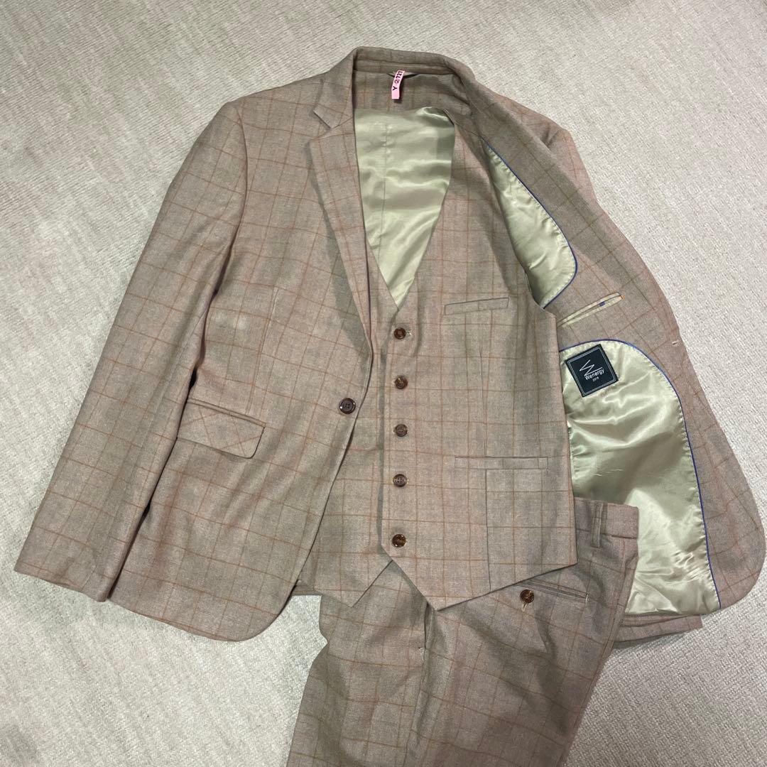 ベージュ チェック柄 3ピーススーツ　WENERGY