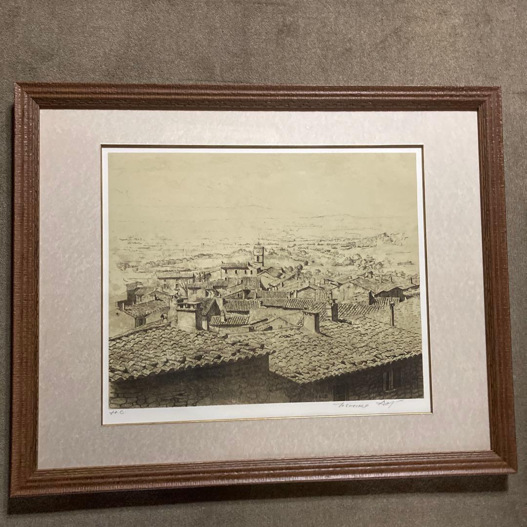 青木敏郎 リトグラフH.C「グルトの眺め」額￼66×82絵56,5×76.5CM