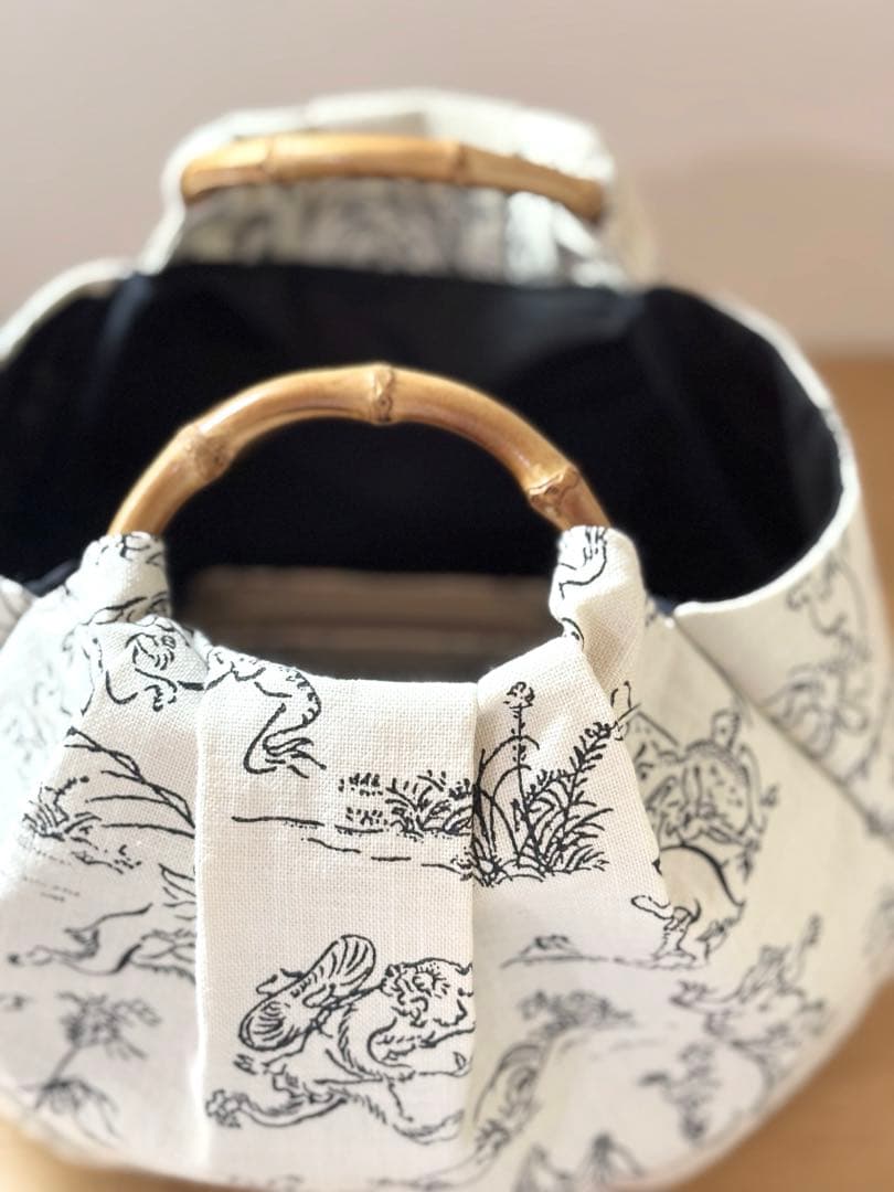 和装バック　着物バック和柄コットン生地・鳥獣戯画（アイボリー）入学卒業結婚式振袖