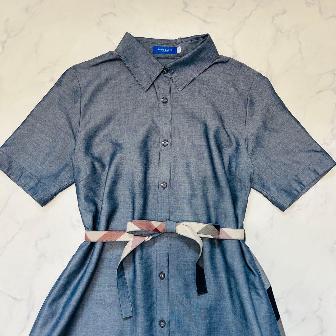 ブルーレーベルクレストブリッジ シャツワンピース デニム調 チェックベルト M