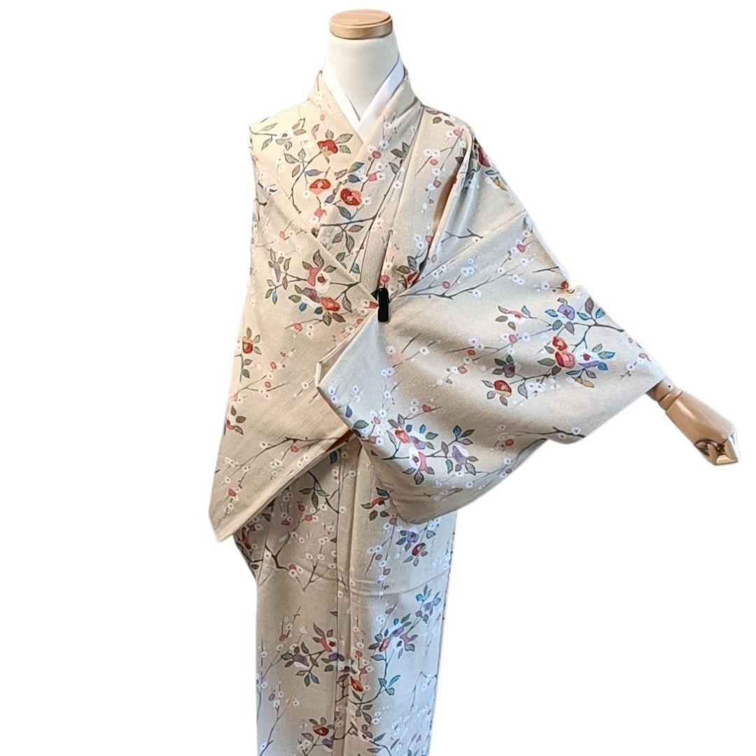 m*t様 C68 ちどり屋 着物 小紋 洗える着物 化繊 花 ベージュ