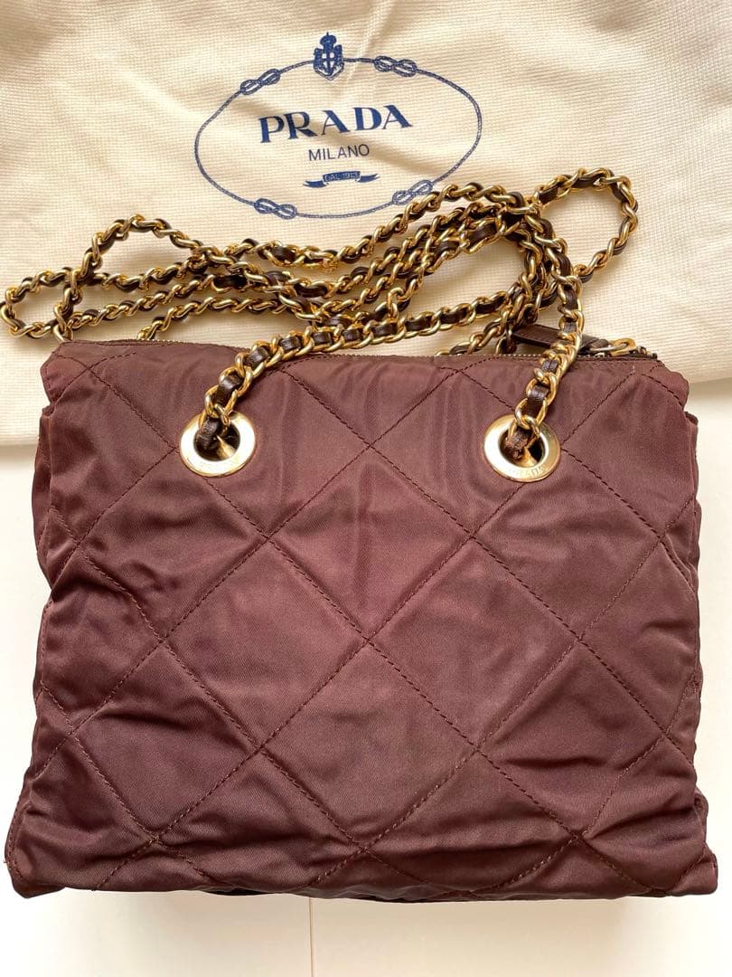 PRADAチェーンショルダーバッグ ナイロン ブラウン 白タグ50