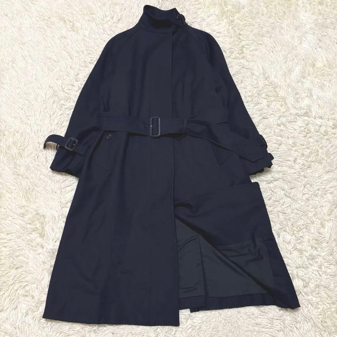 美品 マーガレットハウエル ウールサージ ベルト ロングコート スタンドカラー