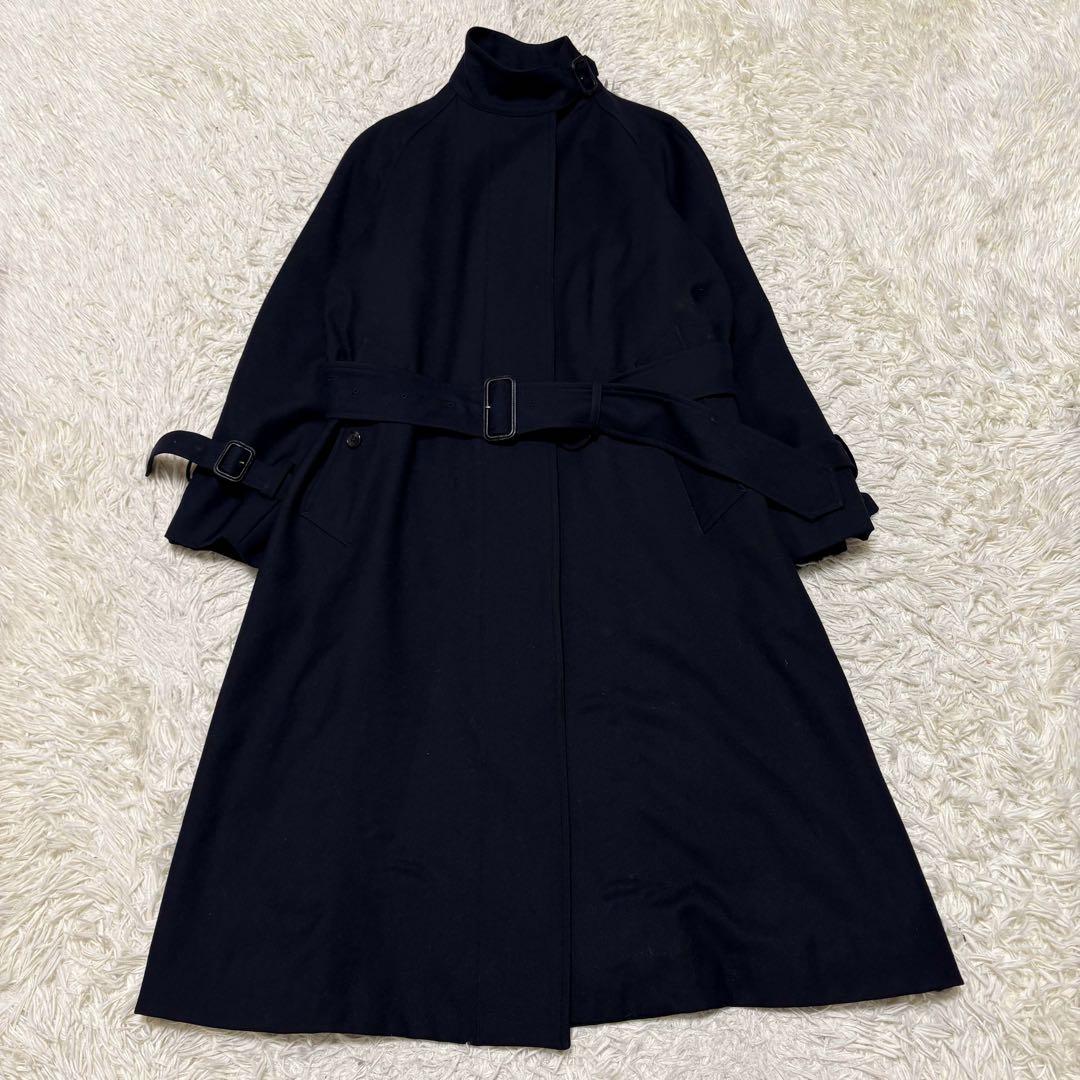 美品 マーガレットハウエル ウールサージ ベルト ロングコート スタンドカラー