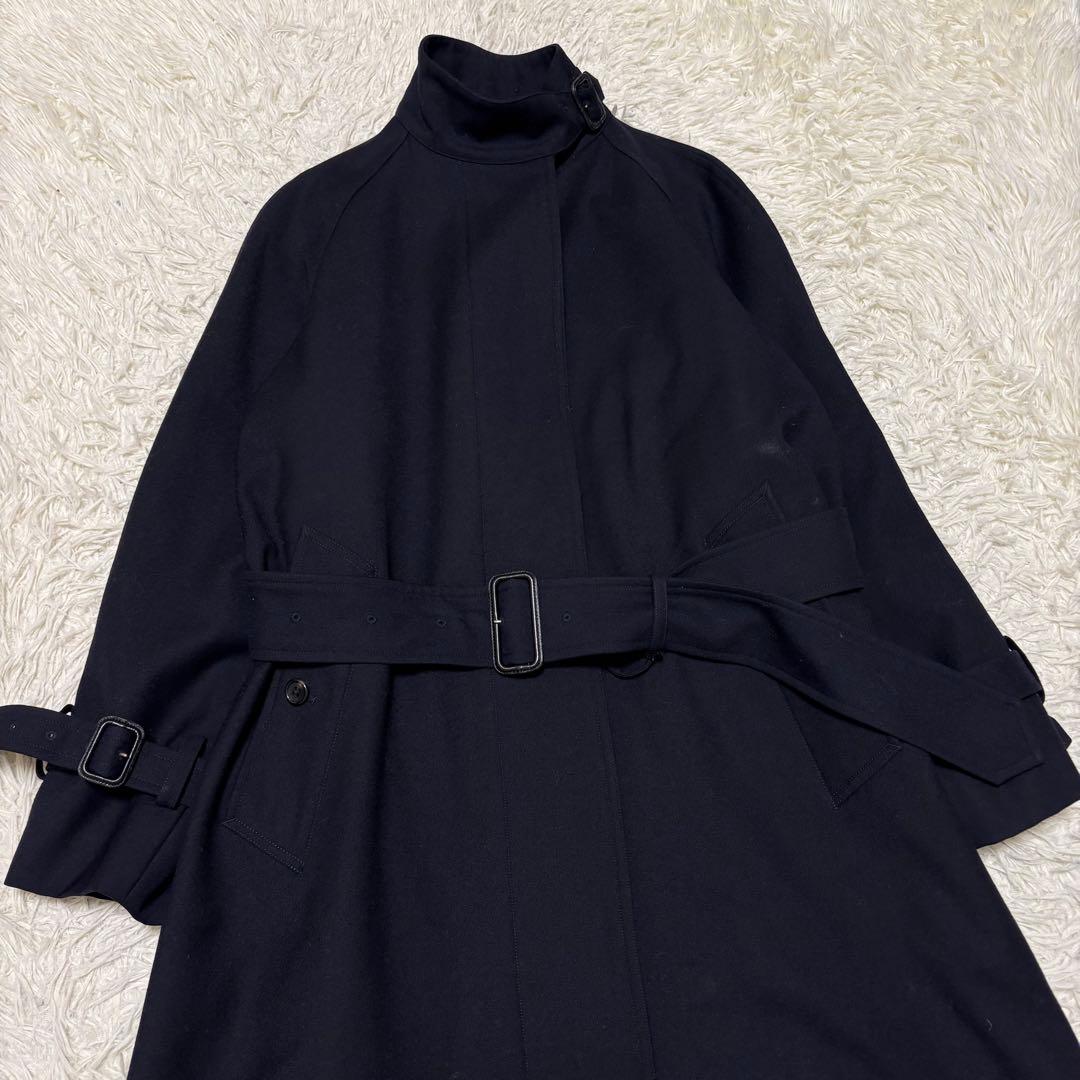 美品 マーガレットハウエル ウールサージ ベルト ロングコート スタンドカラー