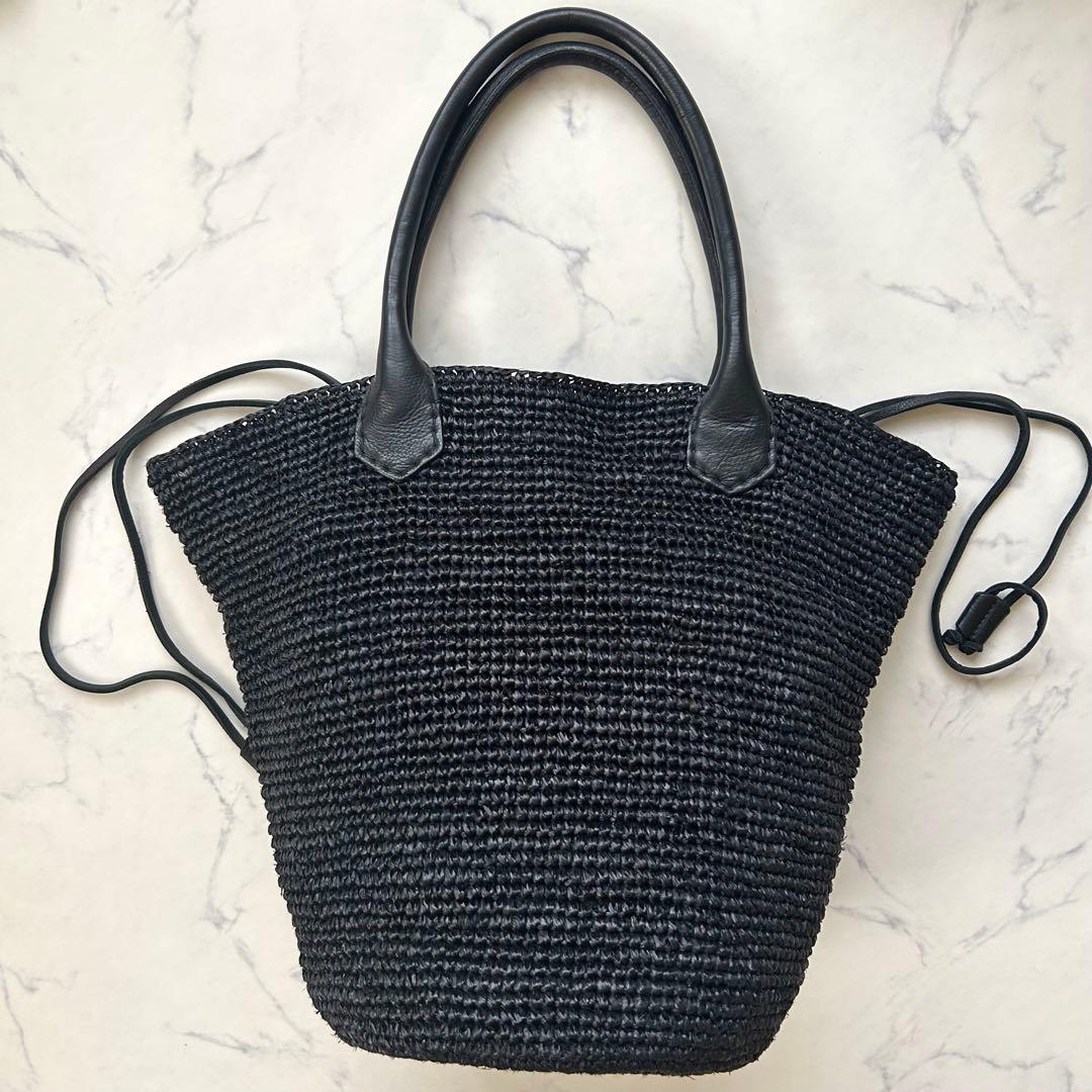 ヘレンカミンスキー トートバッグ ブラック ラフィア レザー 大容量 巾着袋付き