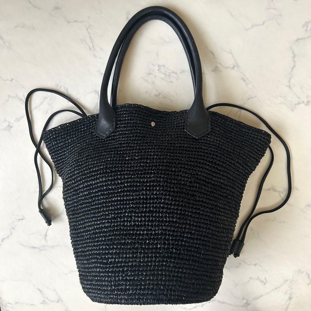 ヘレンカミンスキー トートバッグ ブラック ラフィア レザー 大容量 巾着袋付き