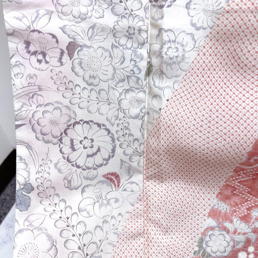 訪問着　紬　辻ヶ花　椿　藤　松皮菱　鹿の子　着物　030k