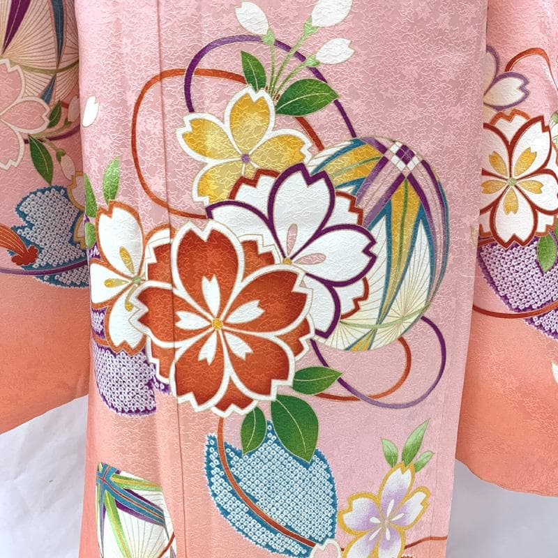 507ag51□七五三 七歳 女児 着物&袋帯＆長襦袢 金彩 毬 桜□状態良好