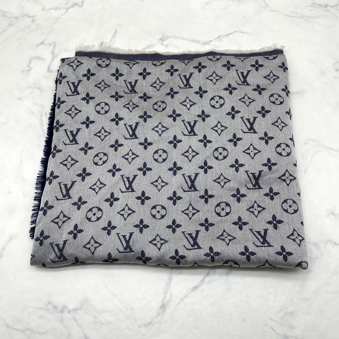 ルイヴィトン モノグラム デニム 大判 ストール シルク混 紺 M71376