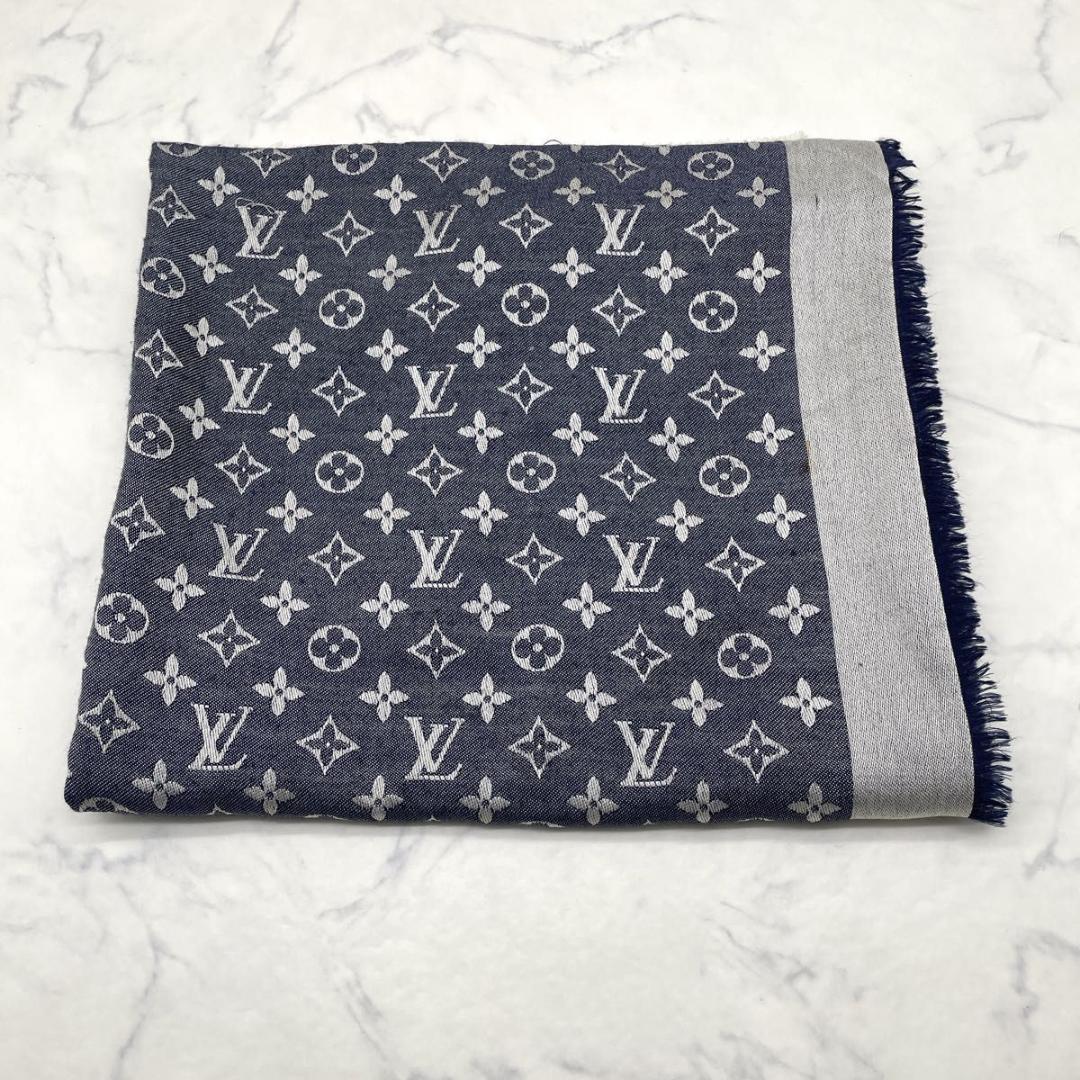 ルイヴィトン モノグラム デニム 大判 ストール シルク混 紺 M71376
