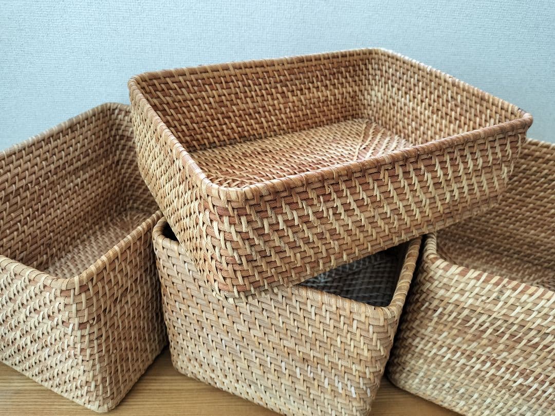 無印 MUJI 重なるラタン長方形バスケット・大3個 小1個セット