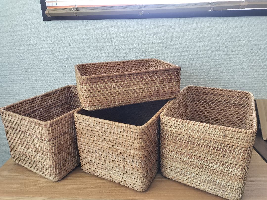 無印 MUJI 重なるラタン長方形バスケット・大3個 小1個セット