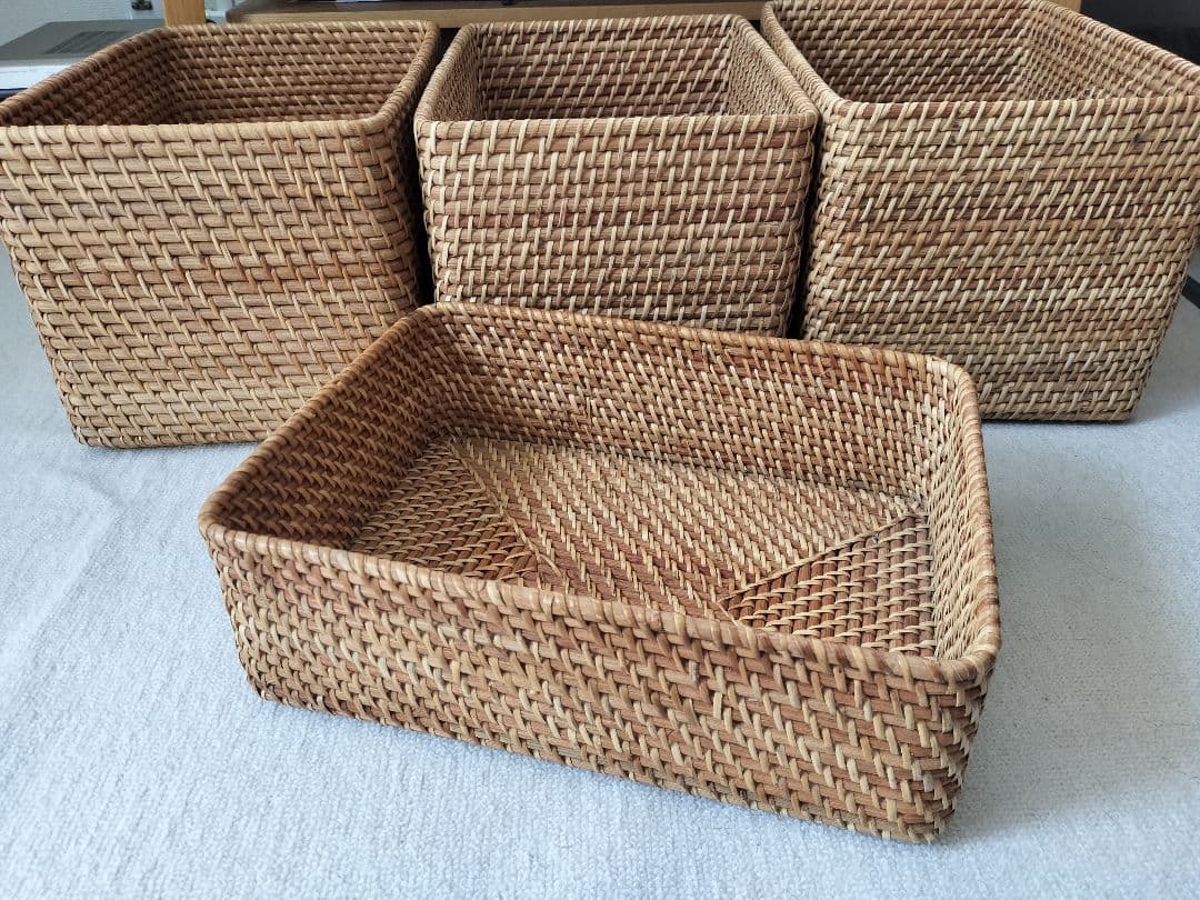 無印 MUJI 重なるラタン長方形バスケット・大3個 小1個セット