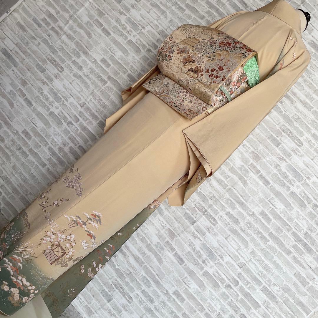 訪問着+長襦袢　フルセット　川のほとり　橋　金彩　金駒刺繍　入学式　卒業式　I3