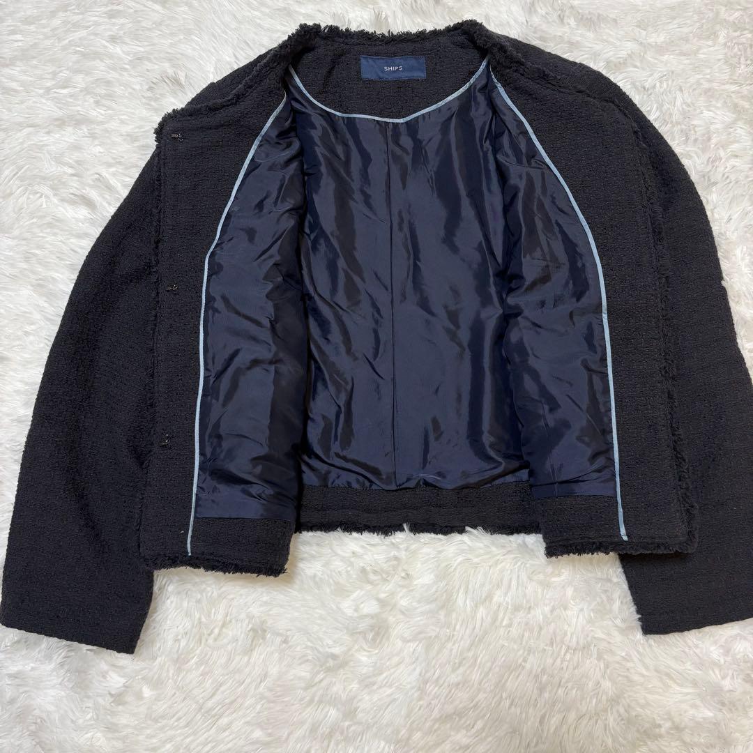 SHIPS シップス ノーカラージャケット パール　ネイビー ツイード　38