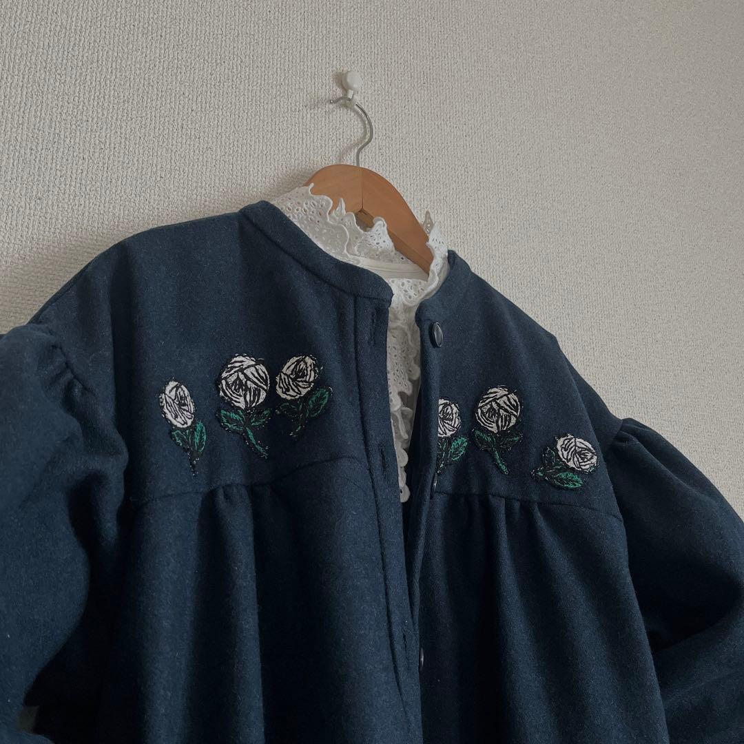 ミナペルホネン　rosy 紺　ウール　切替ギャザー　ブルゾン　ジャケット　総裏