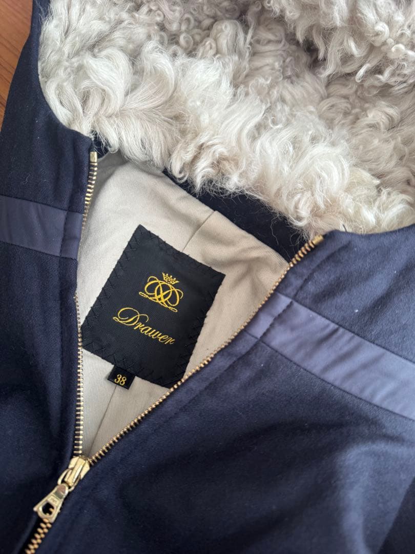 ドゥロワー ムートンフードコート　リアルファー　濃紺　38