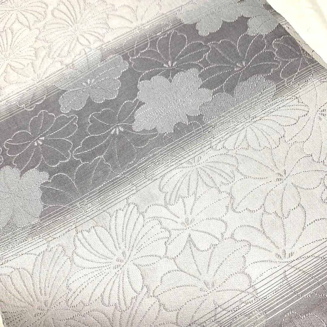 正絹　名古屋帯　横段　優しくて淡いピンク　グレー濃淡　お花柄