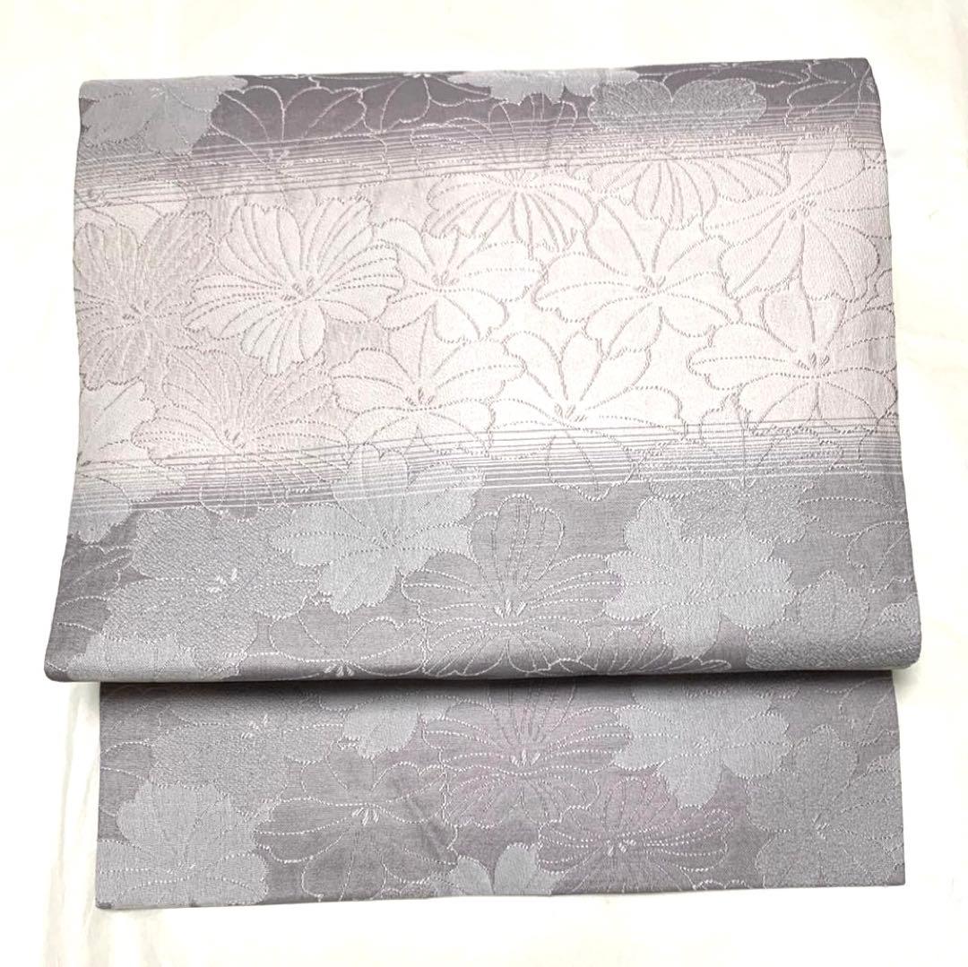 正絹　名古屋帯　横段　優しくて淡いピンク　グレー濃淡　お花柄