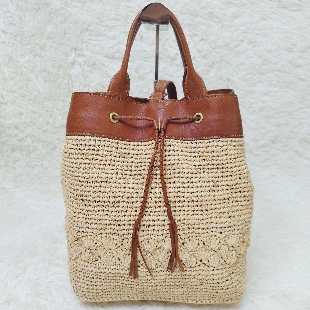 genten　かごバッグ　ストロー　ラフィア　2way レザー　スリングショルダ
