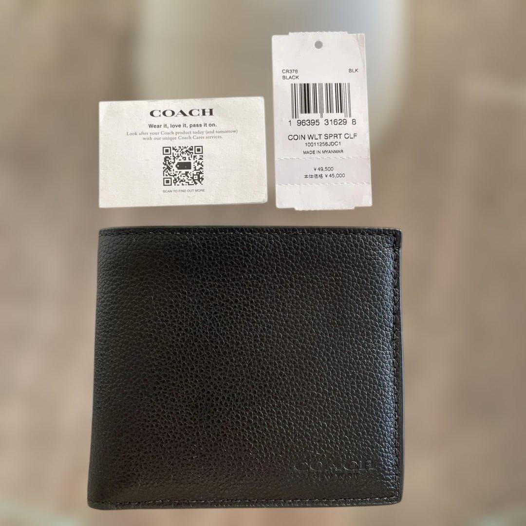 未使用　定価49,500円　COACH ブラック 二つ折り財布 ポケット付