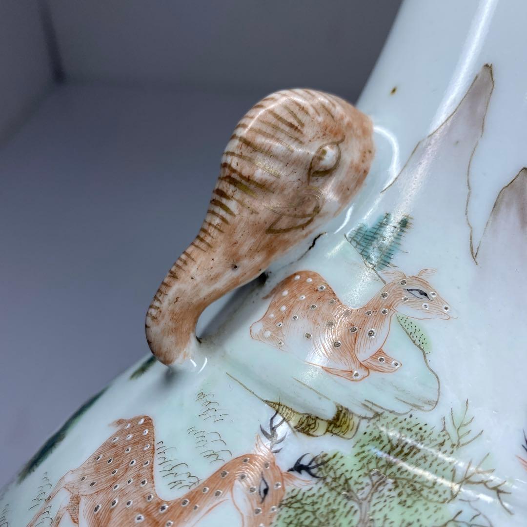 専用　中国清時代大清乾隆年製粉彩鹿の図花瓶　高さ21.3㎝東Y7-0314☆2F