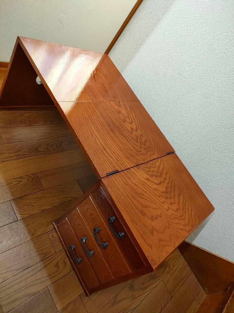 【ほぼ未使用】折り畳み　文机　職人手造り　引出し　銘木　欅　コンパクト　書斎机