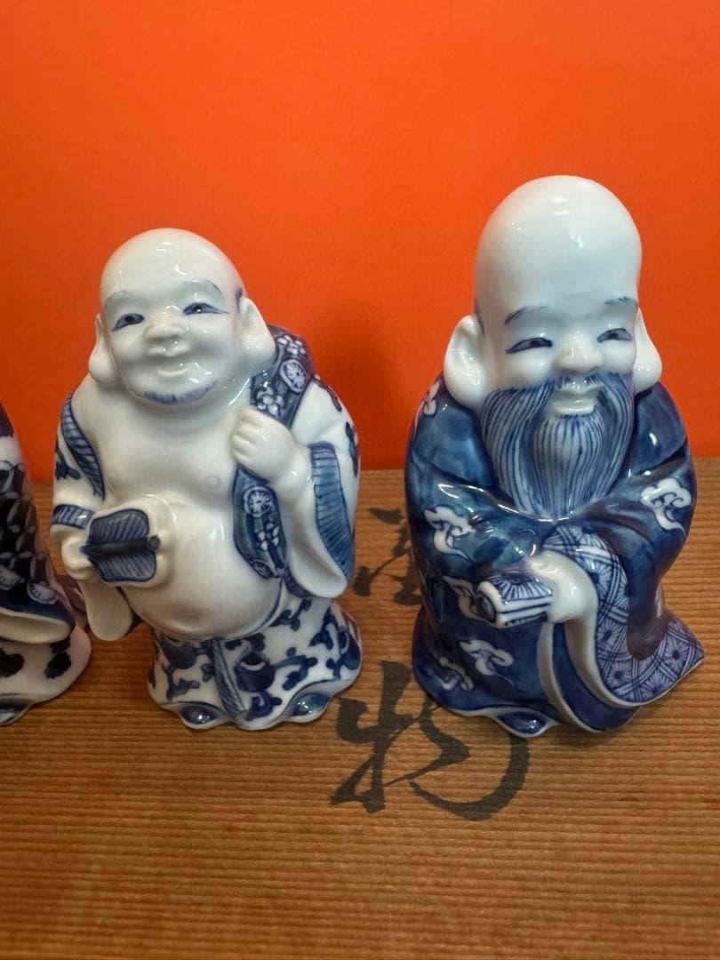 1573 源右衛門 染付七福神 置物 青 共箱 縁起物 オブジェ 飾り物