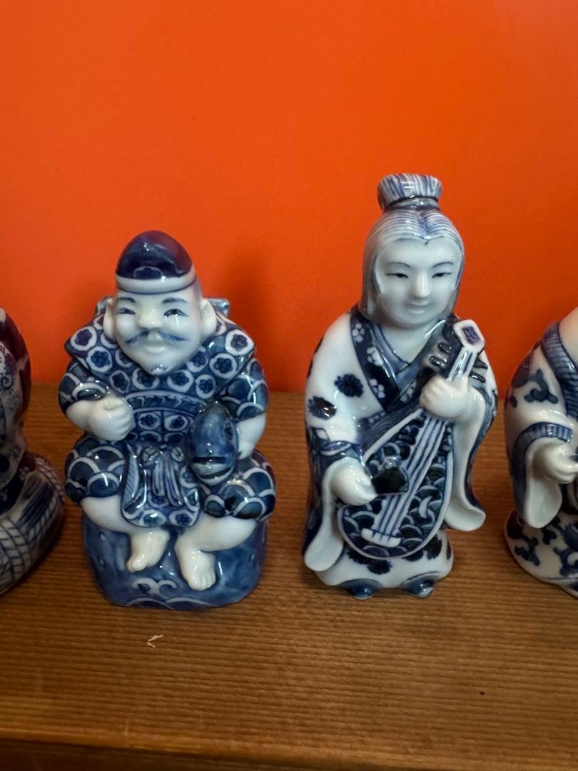 1573 源右衛門 染付七福神 置物 青 共箱 縁起物 オブジェ 飾り物