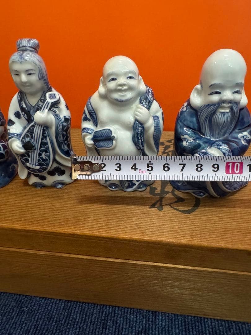 1573 源右衛門 染付七福神 置物 青 共箱 縁起物 オブジェ 飾り物