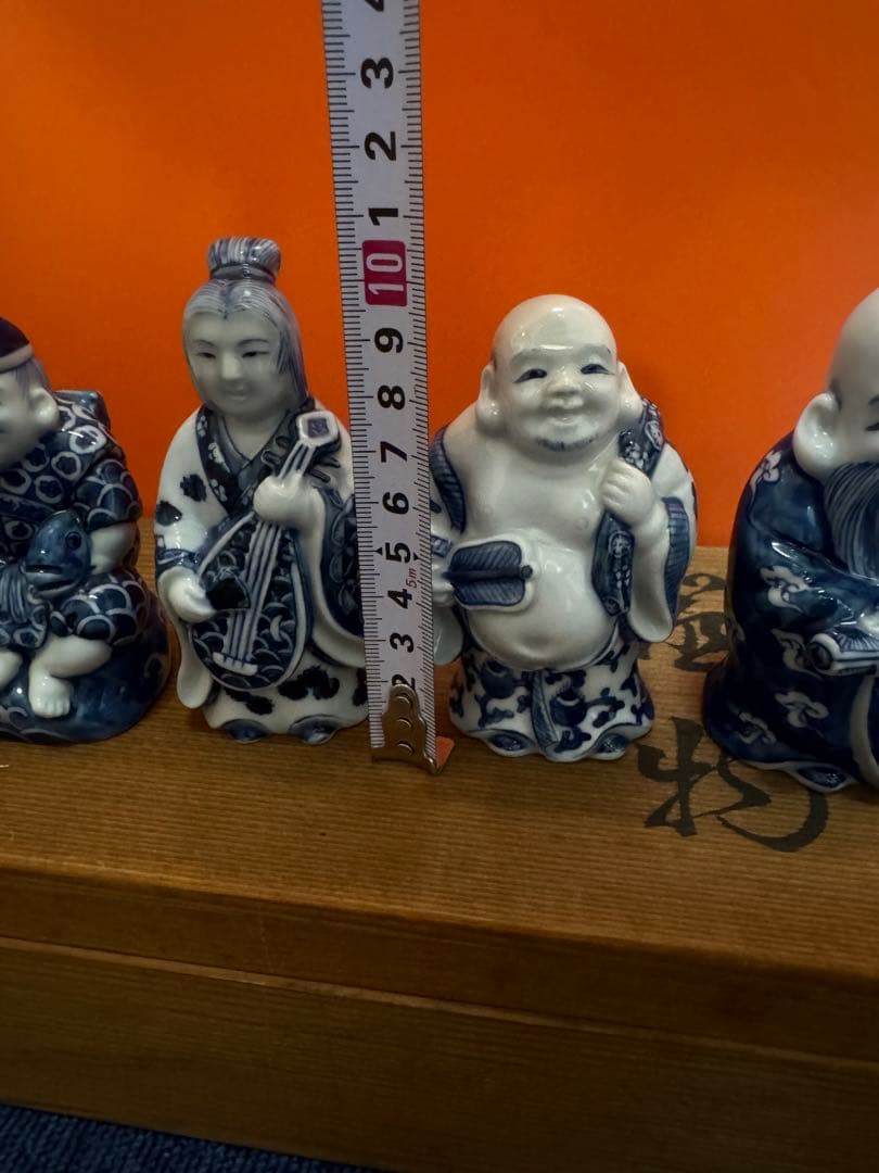 1573 源右衛門 染付七福神 置物 青 共箱 縁起物 オブジェ 飾り物