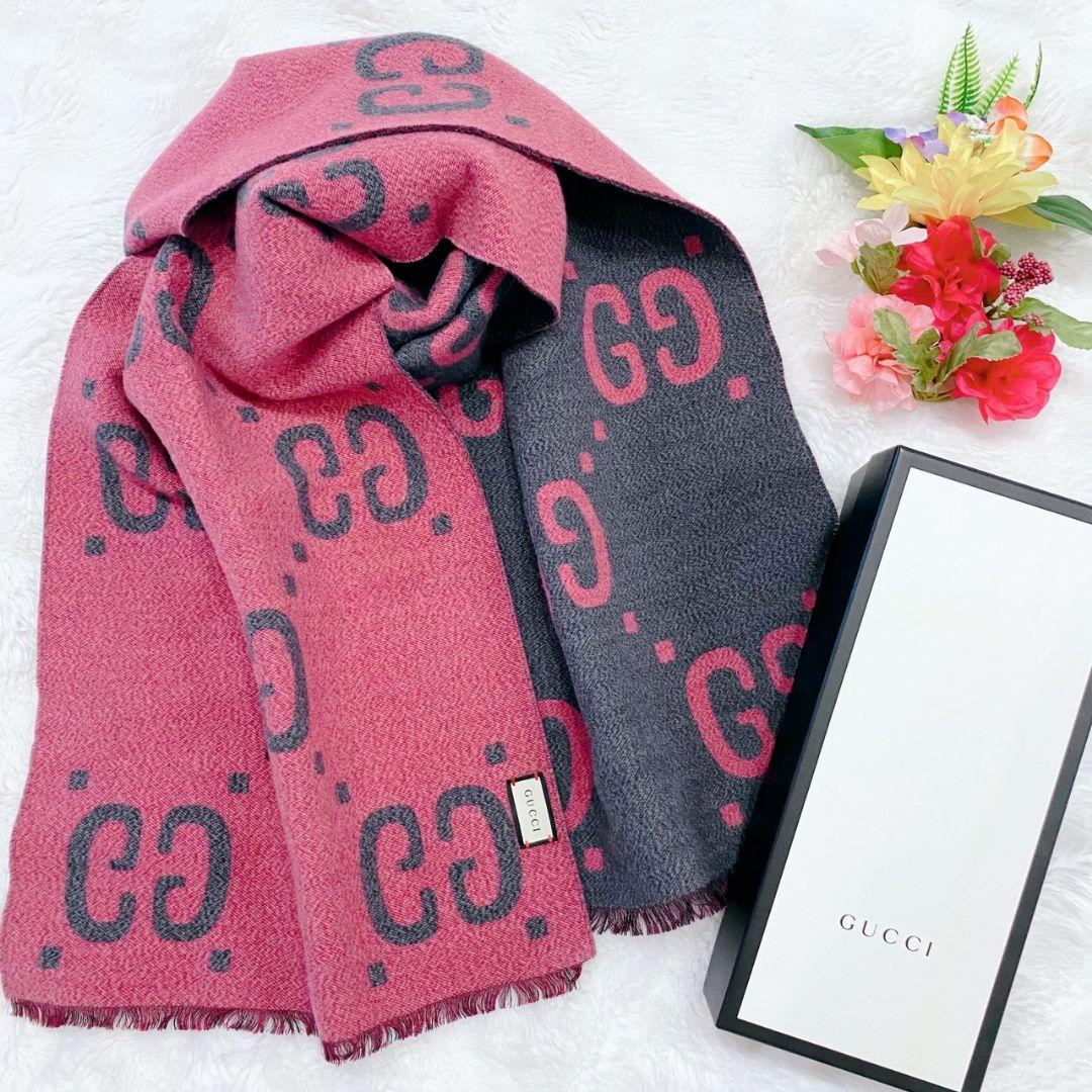 【未使用級】GUCCI ジャガードウールシルクスカーフ 大判マフラー