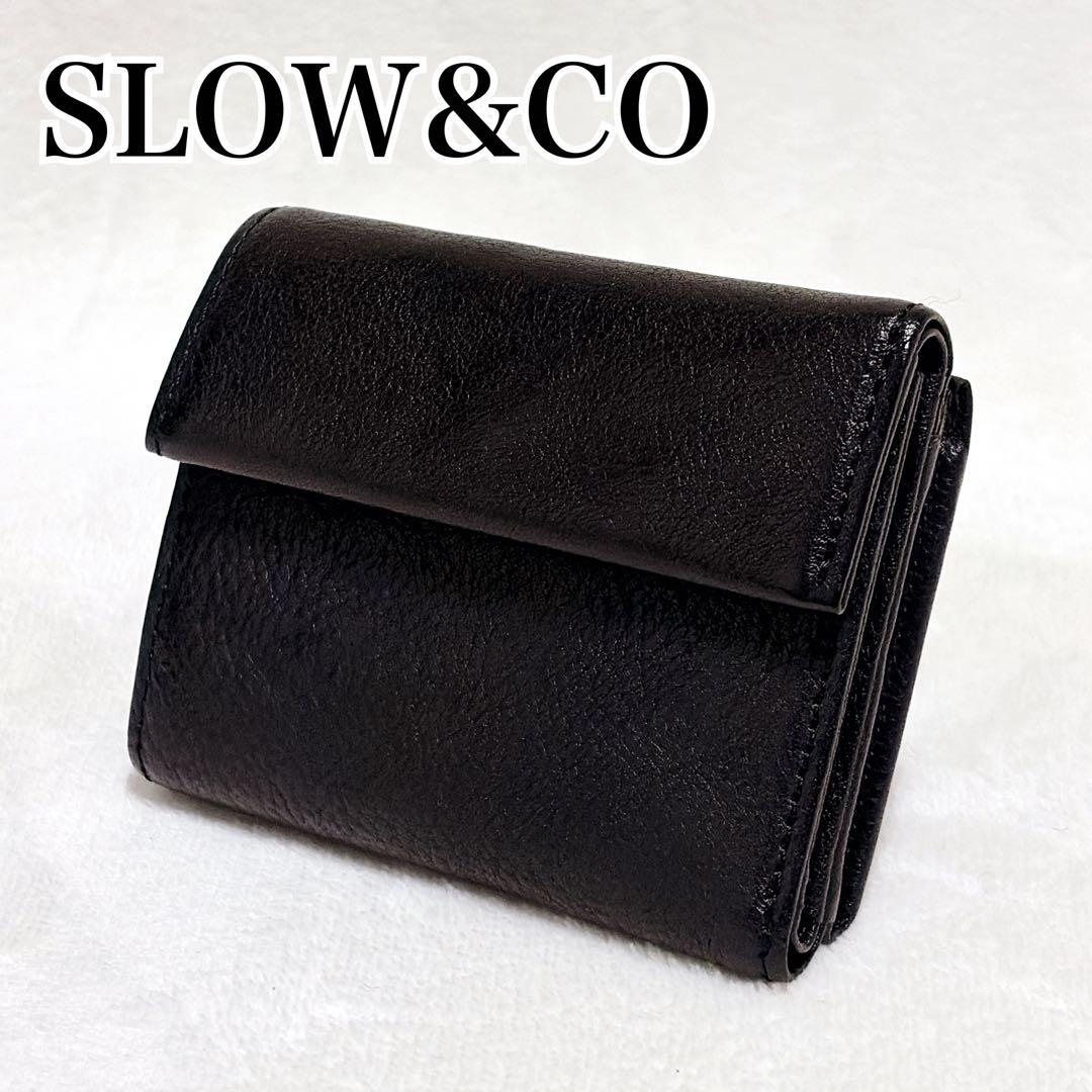 【美品】SLOW&CO がま口 三つ折り レザー財布 黒 本革
