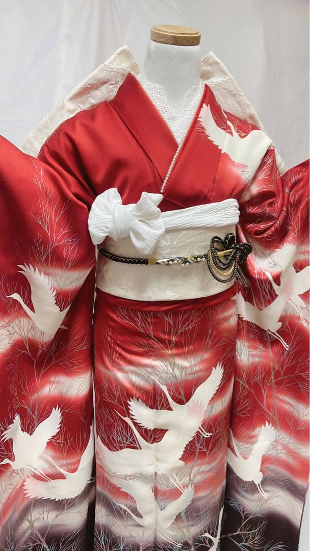 振袖 赤と白 正絹 成人式　振袖6点セット　振袖フルセット