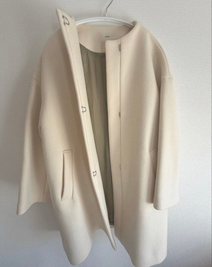 値下げ　IENA ボトルネックトラペーズコート　ノーカラー　膝下丈　ホワイト