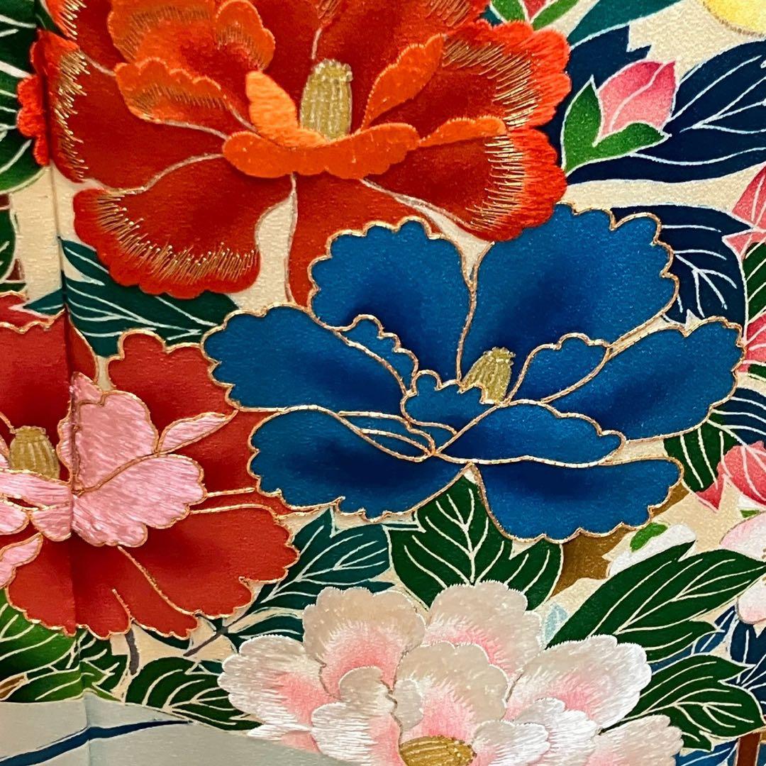 tu様［7144］振袖 笹竹花鳥文 駒刺繍 成人式 卒業式 正絹 着物 袷