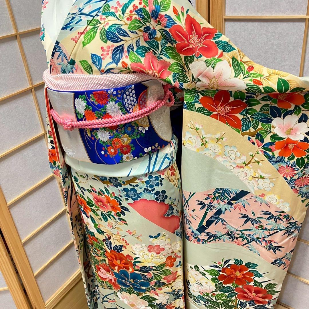 tu様［7144］振袖 笹竹花鳥文 駒刺繍 成人式 卒業式 正絹 着物 袷