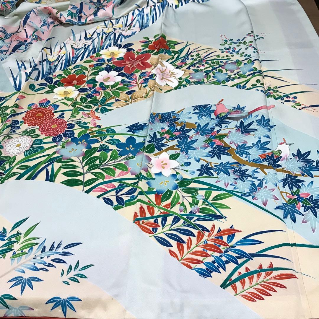 tu様［7144］振袖 笹竹花鳥文 駒刺繍 成人式 卒業式 正絹 着物 袷