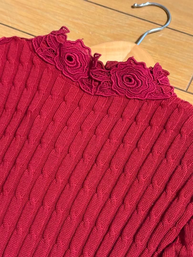 アトリエまりこ　花モチーフ刺繍レース　ロングニットワンピース