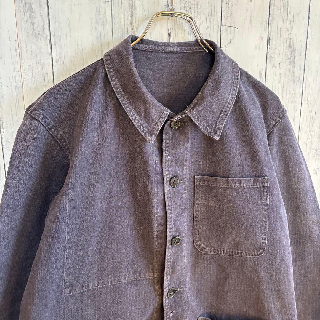 60s 70s フランス軍 ヘリンボーン カバーオール ワークジャケット 黒 M