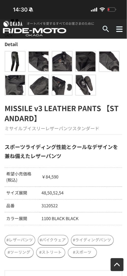 アルパインスターズ　MISSILE v3 LEATHER PANTS