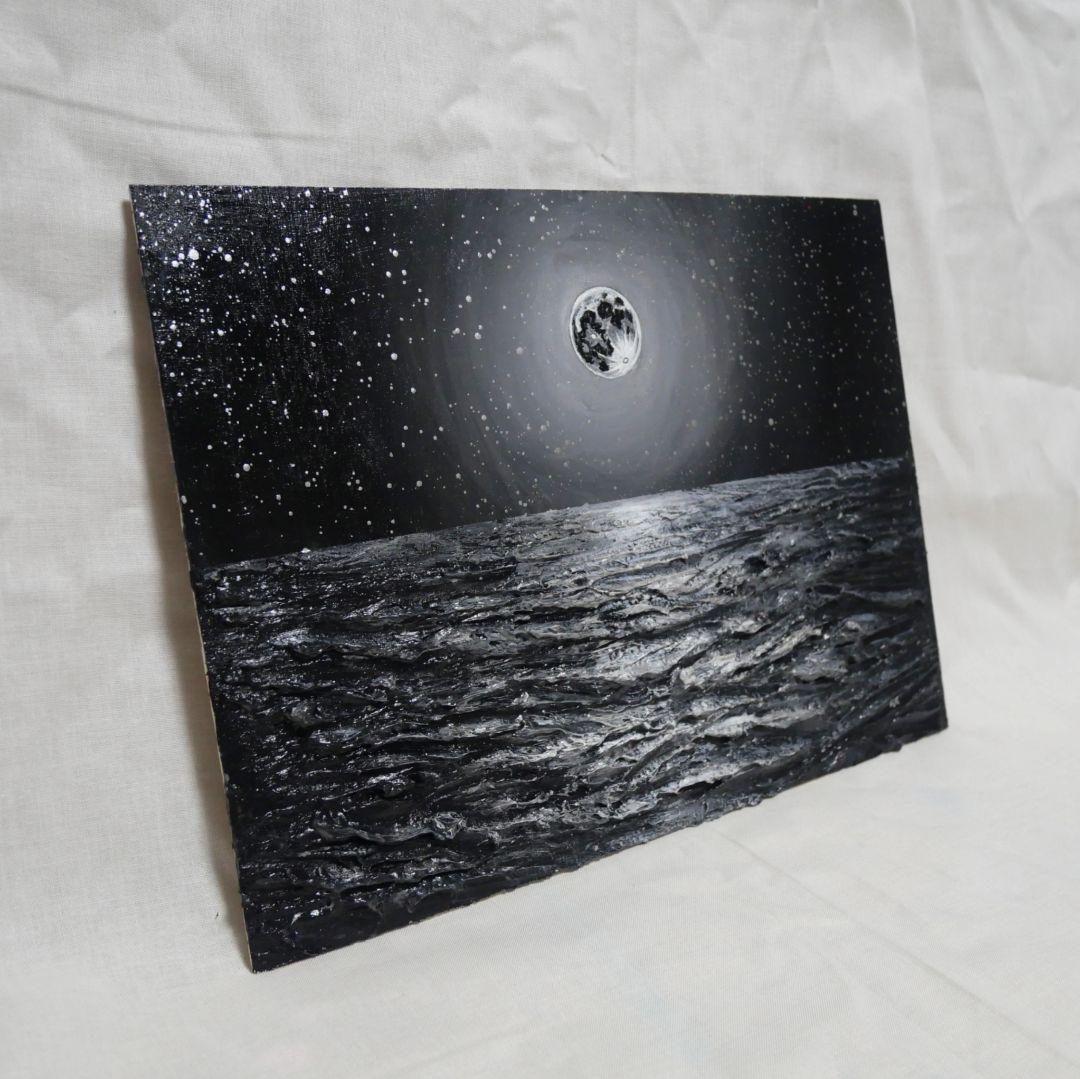 油絵 油彩 油彩画 絵 絵画 【白黒の満月と星空の海】