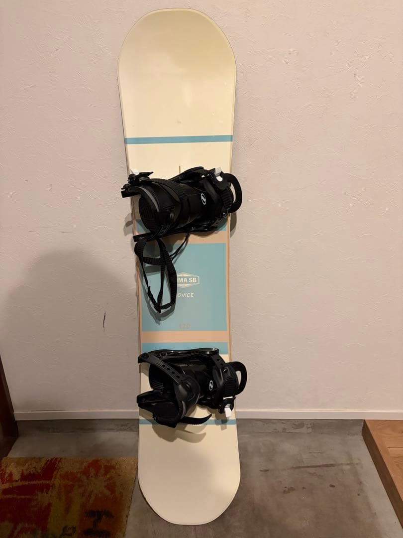 12/16まで値引ホワイト・ブルー スノーボード バインディング付き 120cm