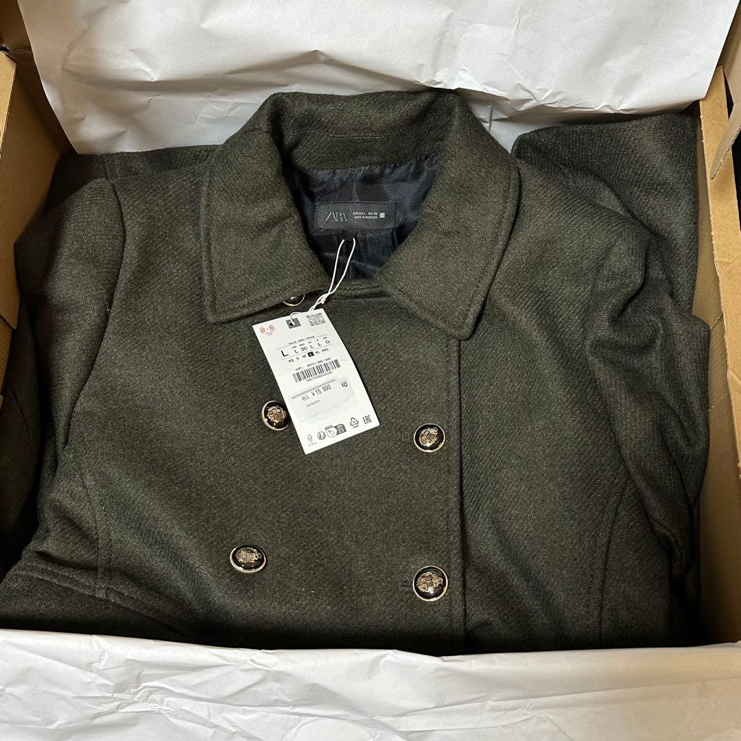 ZARA ウールダブルブレストコート Lサイズ カーキ 新品タグ付き 今期