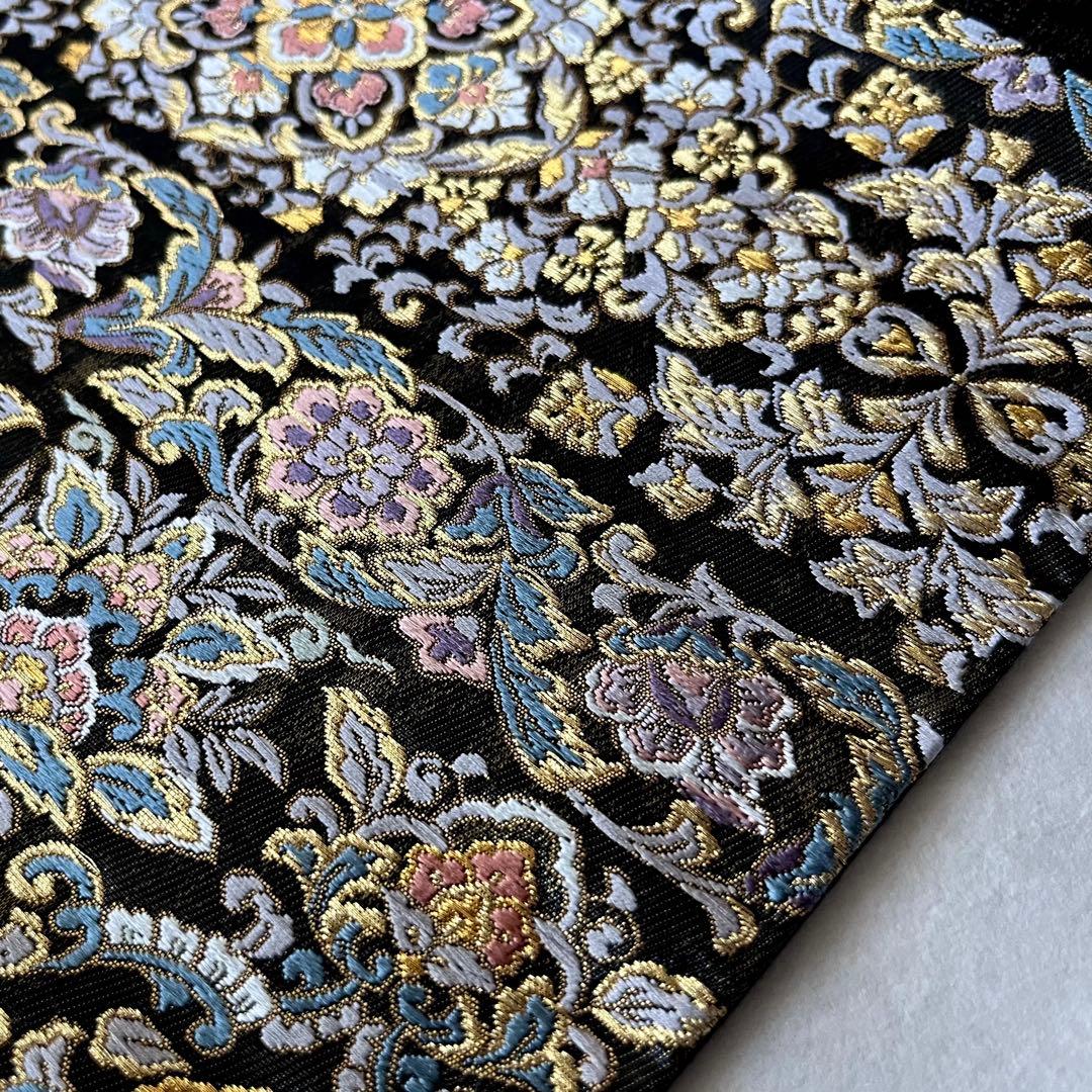 六通柄袋帯 宝相華文様 瑞花文 花唐草 金糸 黒色 通好み逸品 粋 大人のお洒落